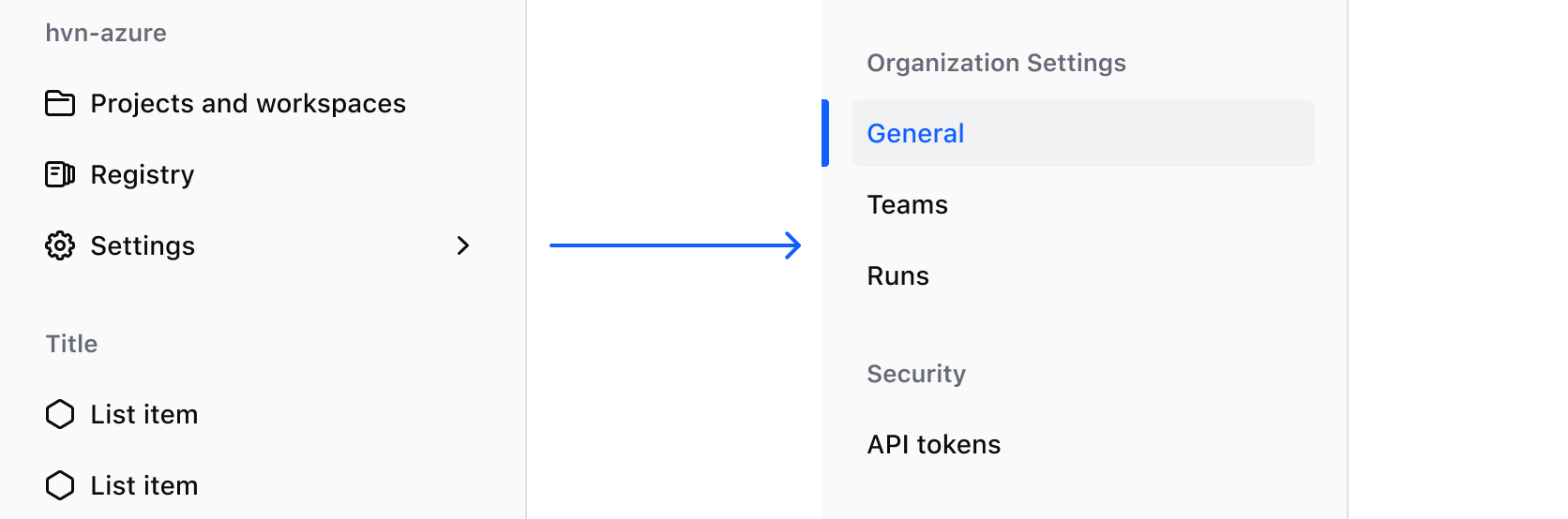 "Settings" list item with a right arrow icon to show that it has sub-items, with an example of the list of sub-items within settings; Organization Settings including "General", "Teams", and "Runs".
