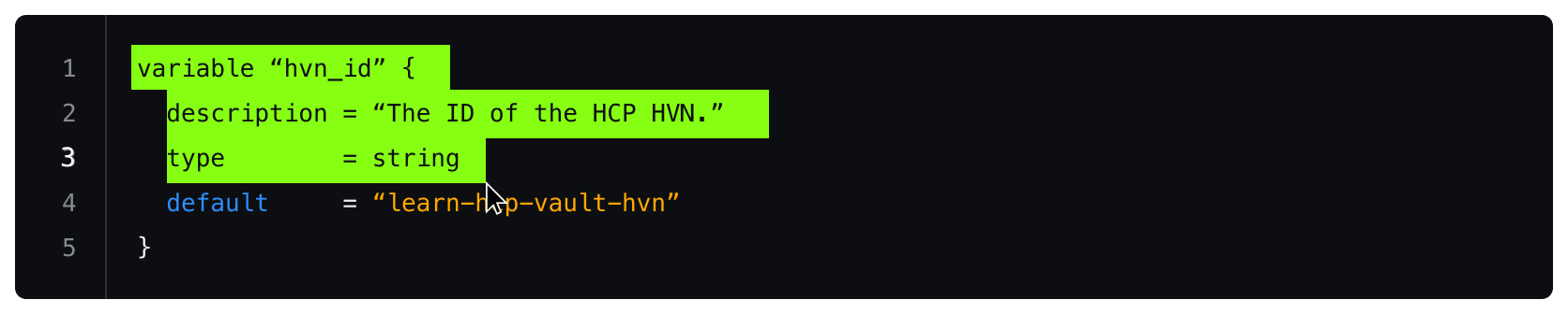The Code Editor's line 1 to 3 selected and showing the green selection highlighted color