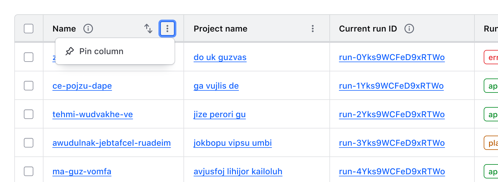 An Advanced Table with the context menu open and a single "Pin column" option